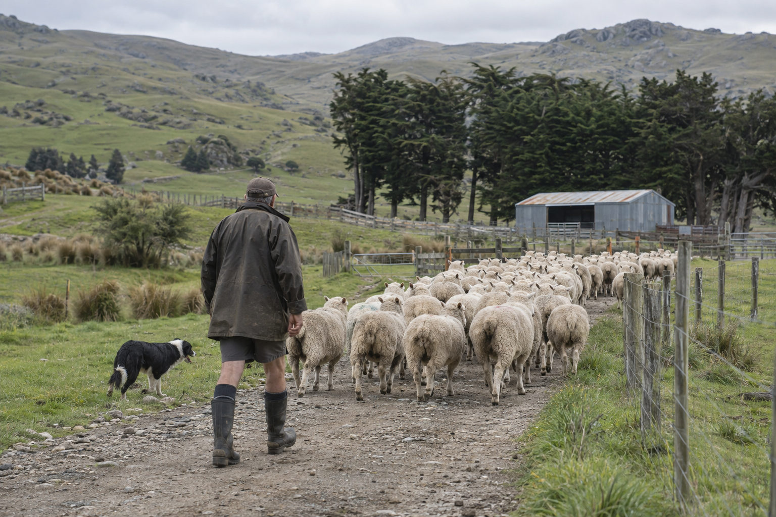 A farmer and his dog moving a mob of ewes along a hill-country farm track
