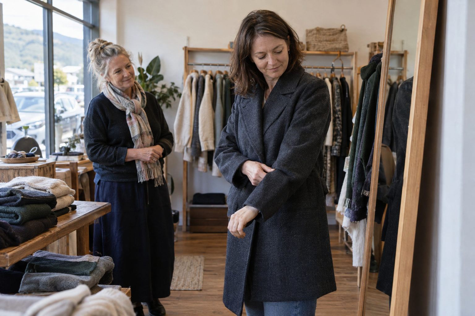 A customer trying on a wool coat in a small shop