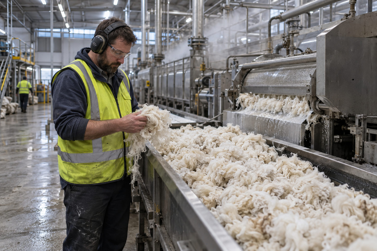 Checking clean wool as it comes off the scour line