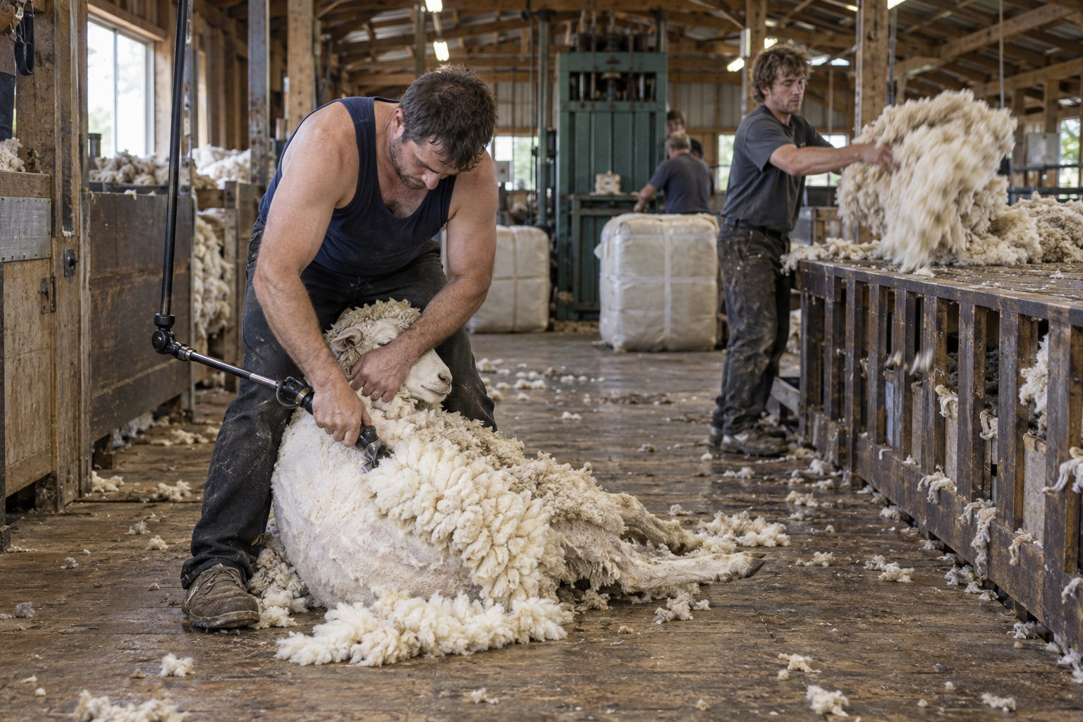 Shearing on the board while a wool handler throws a fleece onto the wool table